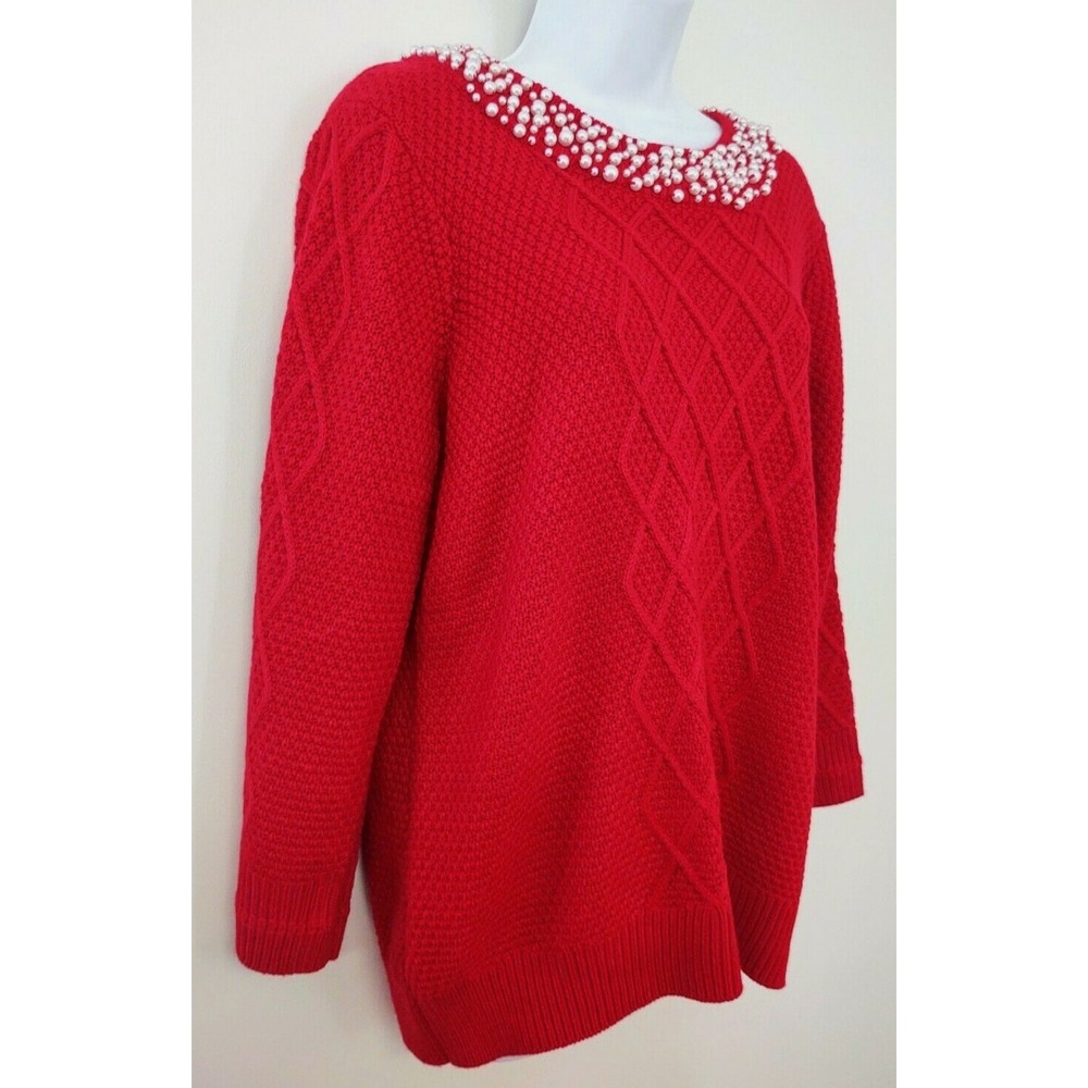 KARL LAGERFELD PARIS Red Cable Sweater SCATTERED FAUX PEARL NECKLINE Christmas M